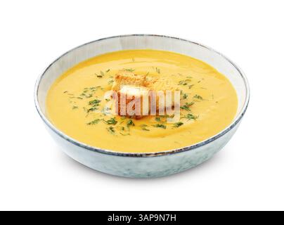 Deliziosa zuppa con crema di lenticchie con aneto e crostini isolati su bianco Foto Stock