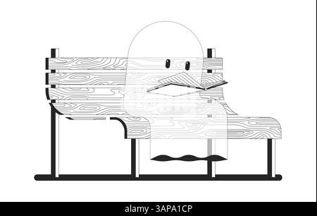 Un simpatico libro di fantasmi lo-fi sulla panca di un parco in legno, personaggio in linea 2D. Illustrazione Vettoriale
