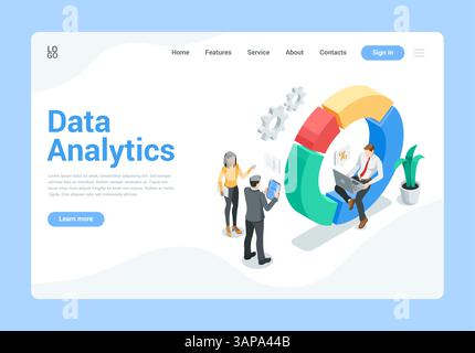 landing page vettoriale isometrico sull'argomento dell'analisi dei dati, a colori su sfondo bianco, gli uomini d'affari che lavorano con un grande grafico a torta Illustrazione Vettoriale