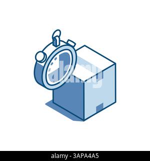 scatola vettoriale isometrica e icona lineare cronometro, a colori su sfondo bianco, consegna rapida e precisa dei pacchi o servizio postale Illustrazione Vettoriale