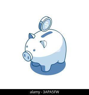 icona lineare del salvadanaio vettoriale isometrico con una moneta che cade, a colori su sfondo bianco, banca e finanza o risparmio Illustrazione Vettoriale