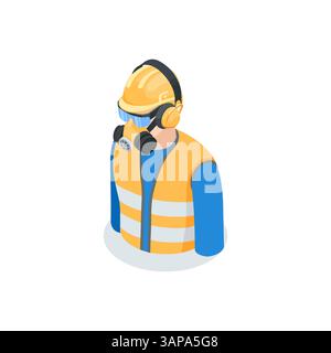 uomo vettoriale isometrico con elmetto e occhiali da lavoro che indossano un respiratore, cuffie di sicurezza e un gilet riflettente, di colore su uno zaino bianco Illustrazione Vettoriale