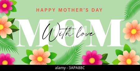MAMMA con amore, cartolina per la festa della mamma con bellissimi fiori primaverili. Ti amo, tipografia mamma e fiori rosa di margherita. Banner vettoriale Illustrazione Vettoriale