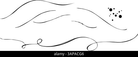 Linee d'acqua ondulate e vorticose con anse e bolle. Grafica a linee disegnata a mano sul tema del mare e della pesca in inchiostro bianco e nero. Separato Illustrazione Vettoriale