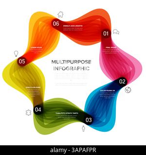Un'infografica multifunzione brillante con sei segmenti in colori sfumati dal rosso al verde, che incorpora icone, segnaposto di testo e un design ondulato f Illustrazione Vettoriale