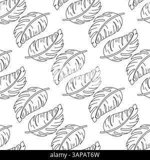 Presenta un motivo senza cuciture di foglie di banana in stile bianco e nero, ideale per pagine da colorare e design a tema tropicale. Illustrazione Vettoriale
