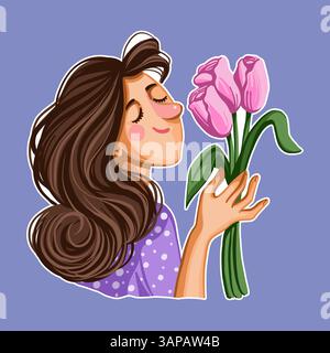 Adesivo vettoriale disegnato a mano raffigurante una donna sorridente che tiene in mano tulipani rosa, in un carino stile cartoni animati piatto, isolato al buio. Illustrazione vettoriale Illustrazione Vettoriale