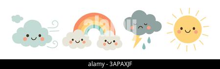 Striscia meteorologica piatta con nuvola felice, arcobaleno, icona della tempesta e sole luminoso, perfetta per illustrare allegri o drammatici cambiamenti stagionali Illustrazione Vettoriale