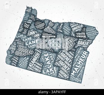 Nuvole di parole della contea dell'Oregon. Indicare la forma su sfondo testurizzato. Design Oregon in stile tipografico. Illustrazione vettoriale artistica. Illustrazione Vettoriale