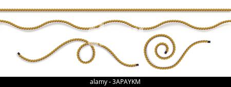 Collezione di corde: Linee curve ondulate legate a anelli. Elementi di corde inclinate realistiche per bordi, divisori e cornici. Set di filetti in fibra di canapa ritorto. Fili intrecciati in iuta, decorazioni nautiche. Illustrazione Vettoriale