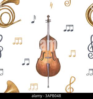 Contrabbasso acquerello e corno francese con note musicali sfondo isolato con motivo senza cuciture. Illustrazione degli strumenti a fiato e a corda Foto Stock
