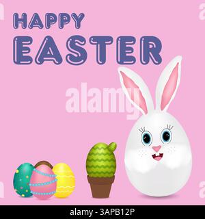 Biglietto d'auguri con elementi 3D con coniglietto di Pasqua antropomorfo, uova ornate e un uovo di Pasqua in vaso stilizzato come un cactus su backgroun rosa Illustrazione Vettoriale