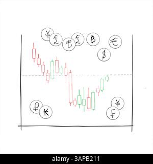 Grafico a intervalli astratto disegnato a mano delle variazioni delle quotazioni in borsa e del prezzo per diversi tipi di valute illustrazione vettoriale. Illustrazione Vettoriale