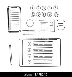 Gadget disegnati a mano con disegnatori line art, illustrazione di schizzi con inchiostro nero. Set di elementi vettoriali per le attività di pianificazione. Elenchi di attività con la possibilità Illustrazione Vettoriale
