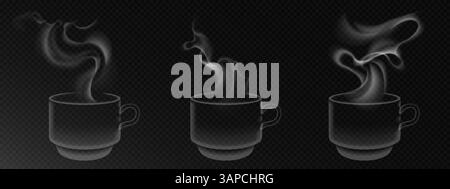 Set di tazze da caffè calde a vapore - tracce di fumo che si alzano dalle tazze, motivo di vapore vorticoso su sfondo scuro. Aroma aromatico realistico di bevande o cibo, pausa tè mattutino, elemento di design del menu da caffe'. Illustrazione Vettoriale