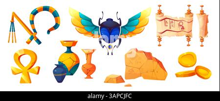 Set di manufatti dell'antico Egitto - frammenti di geroglifici in pietra e scarabeo, croce ankh e pergamena, vaso in ceramica colorata e monete d'oro, croce ankh e faraone egiziano crook e flail. Illustrazione Vettoriale