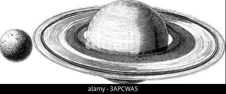 Illustrazione vintage incisa di anelli e asteroidi di saturno per disegni celesti. Illustrazione Vettoriale