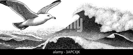 Incisione di gabbiano e onde oceaniche con scene di barche per disegni nautici. Illustrazione Vettoriale