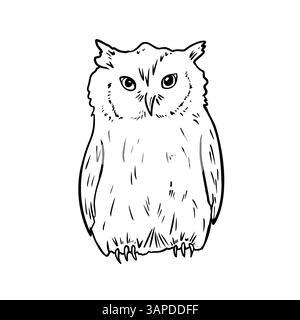 Illustrazione vettoriale in bianco e nero disegnata a mano da Owl. Il gufo nevoso disegna disegni per un design rustico invernale e natalizio. Animale boschivo gufo aquila Illustrazione Vettoriale