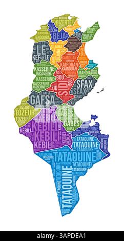 Forma tunisina. Cloud di parole del paese con divisione regionale. Illustrazione a colori della Tunisia. Fumetto nomi area. Illustrazione vettoriale. Illustrazione Vettoriale