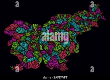 Cloud Word delle regioni slovene. Design luminoso in stile neon su sfondo scuro. Nomi delle regioni del paese in lingua slovena. Illustrazione Vettoriale
