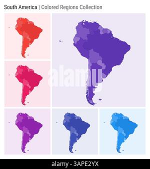 Sud America. Raccolta mappe. Forma del continente. Paesi colorati. Viola intenso, rosso, rosa, viola, indaco, tavolozze di colore blu. Illustrazione Vettoriale
