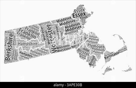 Contee in stile testo del Massachusetts. La regione di stato nomina nuvole di parole in lingua inglese. Eccezionale illustrazione vettoriale. Illustrazione Vettoriale