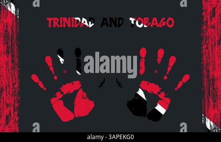 Bandiera vettoriale di Trinidad e Tobago sotto forma di palme pacifiche con tratti di testo e pennello su sfondo nero Illustrazione Vettoriale