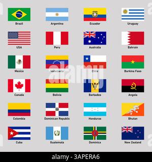 Set di bandiere di diversi paesi americani in stile piatto Illustrazione Vettoriale