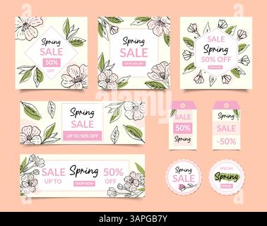 Un'ampia serie di layout per gli sconti di primavera stagionali, banner, poster, coupon, etichette, adesivi. Modelli vettoriali con elementi floreali, design pronto all'uso, prezzo speciale per i prodotti. Illustrazione Vettoriale