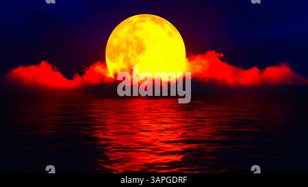 Sangue luna rossa sopra l'oceano (3D rendering, questa immagine elementi forniti dalla NASA) Foto Stock