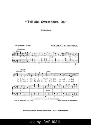 Questa canzone di valzer, "Tell me Sweetheart Do", include estratti musicali e pubblicità per varie canzoni, tra cui "There Is No Flag Like the Red, White, and Blue" e "Dear College Chums". Pubblicato da Chas K. Harris, riflette le tendenze musicali e le pratiche promozionali dei primi anni del XX secolo. Foto Stock