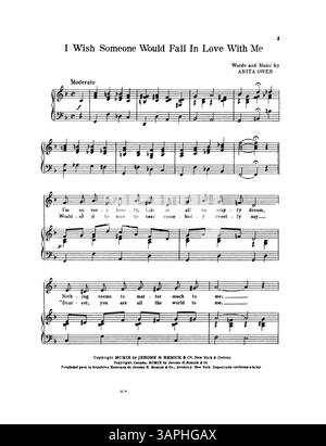 Questa copia di "i Wish Someone Would Fall in Love with me" contiene testi e musiche di Anita Owen. Include pubblicità editoriali per "Honey-Land" di Henrietta Blanke-Belcher e "Shine On, Harvest Moon" di Jack Norworth e Nora Bayes, che mostrano la musica popolare dell'epoca. Foto Stock