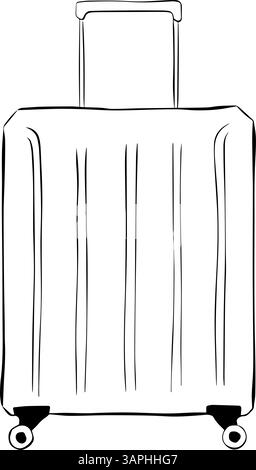 Valigia in stile disegno grafico a inchiostro lineare. Disegno della linea vettoriale della cassa, borsa per bagagli con ruote isolate su sfondo bianco. Oggetto di progettazione per b Illustrazione Vettoriale