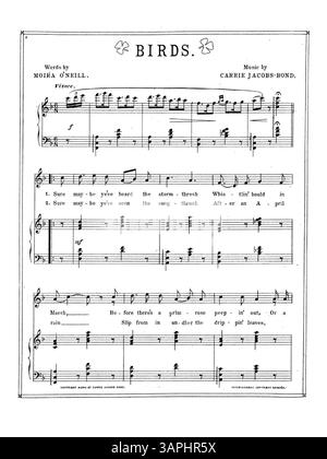 Questo lavoro presenta la poesia "The Birds" da "Songs of the Glens of Antrim" di Moira o'Neill, cantata da Chauncey Olcott. La copertina contiene il titolo e una pubblicità musicale per canzoni di Carrie Jacobs-Bond, tra cui "To-Day" e "A Song of the Hills". Il colore dell'immagine digitale può differire dall'originale e le annotazioni non sono incluse. Foto Stock