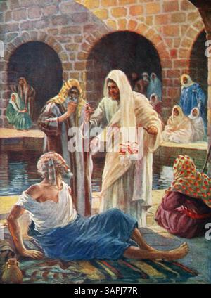 Illustrazione di Gesù Cristo che guarisce l'uomo paralizzato nella piscina di Bethesda (Vangelo) dal libro antico per bambini il Pastore gentile Foto Stock