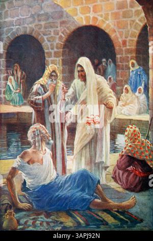 Illustrazione di Gesù Cristo che guarisce l'uomo paralizzato nella piscina di Bethesda (Vangelo) dal libro antico per bambini il Pastore gentile Foto Stock