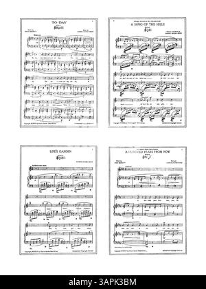 Questo lavoro presenta la poesia "The Birds" da "Songs of the Glens of Antrim" di Moira o'Neill, cantata da Chauncey Olcott. La copertina contiene il titolo e una pubblicità musicale per canzoni di Carrie Jacobs-Bond, tra cui "To-Day" e "A Song of the Hills". Il colore dell'immagine digitale può differire dall'originale e le annotazioni non sono incluse. Foto Stock