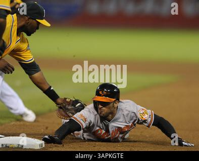 15 agosto 2011 - Oakland, CALIFORNIA, USA - Oakland Athletics Brandon Allen batte Nick Markakis dei Baltimore Orioles alla prima base nel quarto inning lunedì 15 agosto 2011 presso l'O.co Coliseum di Oakland, California. (Immagine di credito: © Jose Carlos Fajardo/Contra Costa Times/MCT/ZUMAPRESS.com) Foto Stock