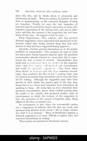 Il dottor Bramwell condusse esperimenti di ipnotismo in cui i pazienti svolgevano compiti a orari prestabiliti senza ricordare coscientemente. I risultati suggeriscono che la percezione del tempo può essere influenzata da meccanismi incoscienti. Alcuni esperti contestano la validità delle conclusioni. Foto Stock