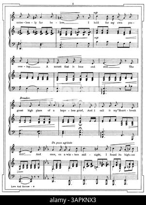 Il ciclo di canzoni baritoniche "Love and Sorrow", composto da Carrie Jacobs-Bond con una poesia di Paul Laurence Dunbar, è presentato con una foto seppia di David Bispham sulla copertina. Include una nota di elogio firmata da Bispham per la semplicità della musica. Il pezzo è dedicato a Bispham, con una canzone intitolata "The Birds" cantata da Chauncey Olcott. L'opuscolo contiene anche brani tratti da "Nine Songs". Foto Stock