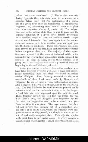 Il dottor Bramwell condusse esperimenti su pazienti ipnotizzati, dove fu suggerito loro di eseguire un compito in un momento specifico, anche senza una memoria consapevole del compito. Lo studio esplora la misurazione del tempo inconscio e il potenziale impatto dell'ipnotismo sulle personalità secondarie, con opinioni divise tra i medici. Foto Stock