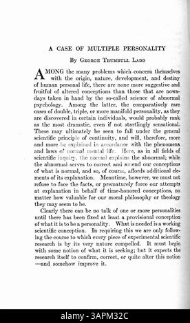 Questo studio esamina il caso di Doris Fischer di personalità multiple, attribuite alle crisi della sua vita, tra cui gli abusi dei genitori e la morte di sua madre. L'autore discute i tratti fisici e i comportamenti di ogni personalità e descrive le osservazioni del medico e il processo di trattamento nell'arco di tre anni, portando al successo nel trattamento. Foto Stock