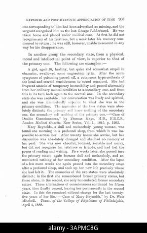 Il dottor Bramwell condusse esperimenti usando l'ipnotismo per studiare la percezione del tempo inconscio. I pazienti sono stati ipnotizzati e gli è stato chiesto di eseguire un'attività in un momento prestabilito, senza ricordare l'attività a meno che non sia sotto ipnosi. Questo fenomeno suggerisce una misurazione del tempo inconscia, con opinioni diverse da quelle di altri esperti. Foto Stock