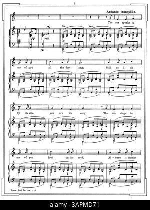 Si tratta di un'opera musicale per baritono, intitolata "Love and Sorrow", composta da Carrie Jacobs-Bond, con una poesia di Paul Laurence Dunbar. Presenta una copertina con una foto seppia di David Bispham e include una nota firmata che loda la semplicità della musica. Il pezzo è dedicato a Bispham e il libretto include anche "The Birds" cantata da Chauncey Olcott e canzoni da "Nine Songs". Foto Stock