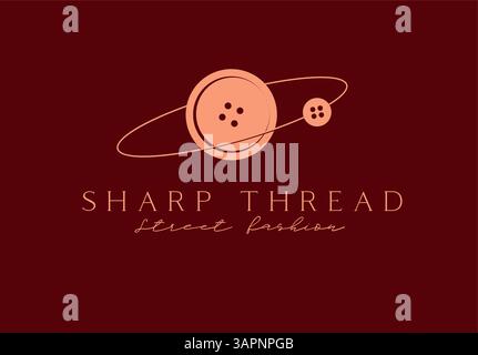 Negozio di Street fashion con filo affilato con bottone ed etichetta con spillo di sicurezza in un disegno minimalista in stile artistico lineare su sfondo rosso Illustrazione Vettoriale