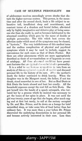 Questo case study discute la vita di Doris Fischer, le cui personalità multiple si sono sviluppate a causa di crisi come l'abuso di alcol di suo padre e la morte di sua madre. Descrive i tratti fisici, i comportamenti e le personalità di due o cinque identità secondarie. Lo studio evidenzia l'importanza di osservazioni quasi orarie da parte di un medico nell'arco di tre anni e i risultati positivi del trattamento. Foto Stock