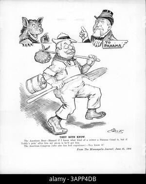 Una didascalia umoristica da un cartone animato politico del 1904, raffigurante l'Orso americano e il Congresso americano. Si specula umoristicamente sul prossimo viaggio di Roosevelt a Panama per ispezionare il progetto del Canale. Foto Stock