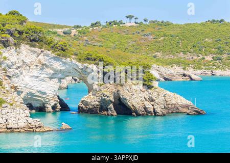 Vista panoramica della baia di San felice con arco naturale (Architello) sulla costa del Gargano, Puglia, Italia. Foto Stock