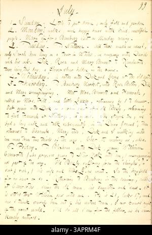 Nel volume 7, pagina 106 del Thomas Butler Gunn Diaries, datato 1-6 luglio 1855, Gunn descrive una visita ai Boltons and Bennetts a Banbury, raccontando interazioni, passeggiate e visite sociali durante il suo soggiorno. Foto Stock